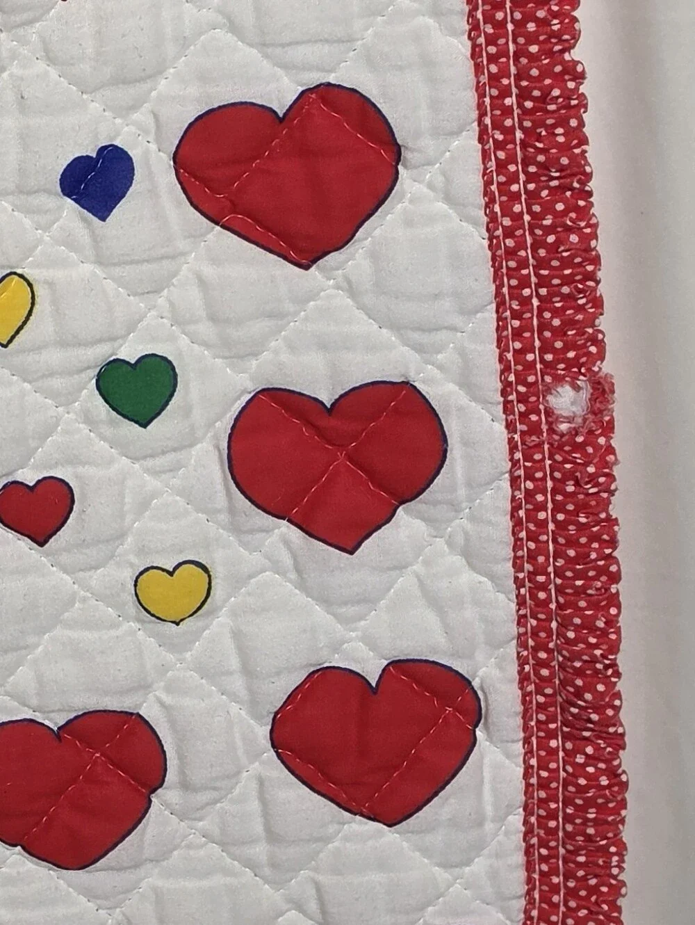 Vtg 1980s Sears Red Calliope Baby Crib Quilt Blanket Blue Elephant Hearts Ruffle